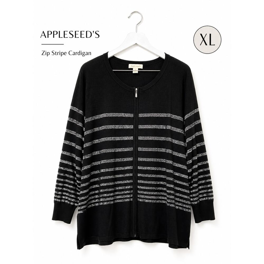 Appleseed’s Zip Cardigan Black Silver Striped Lightweight Sweater XL